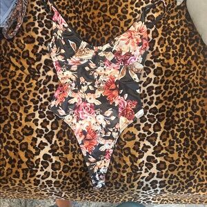 Floral V-Neck One-Piece Night out- Black Base with Rose Print